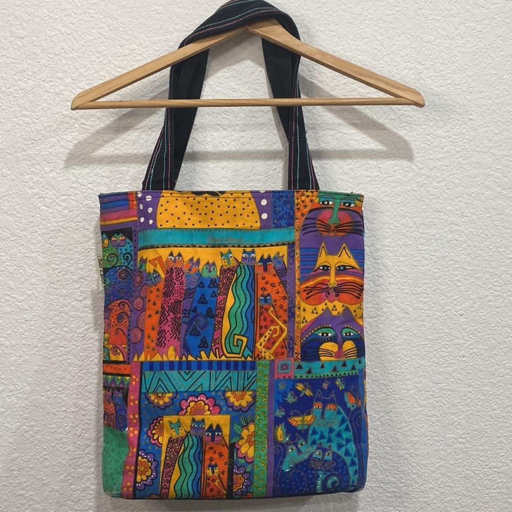 Vintage Laurel Burch Canvas Cat Multicolor Sequin Shoulder Tote Bag - Picture 5 of 12